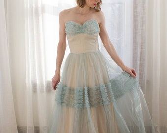 1950's strapless teal and ivory sheer tulle dress / prom / formal / alternative wedding dress / size XS