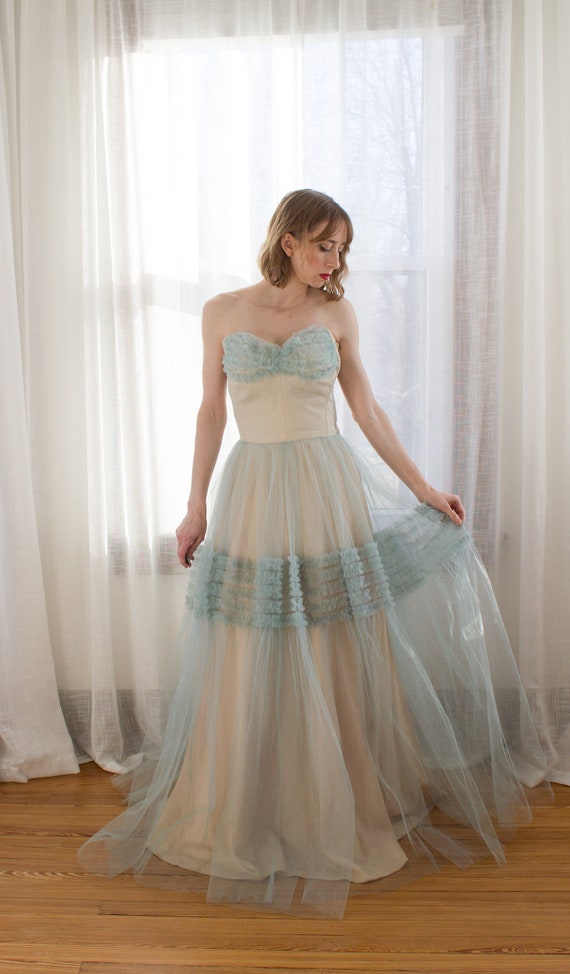 1950's strapless teal and ivory sheer tulle dress 
