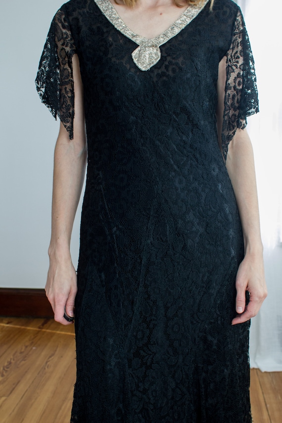 1920's black lace evening gown with art deco rhinesto… - Gem