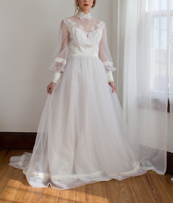 Romantic 1970's chiffon wedding gown / high neck /