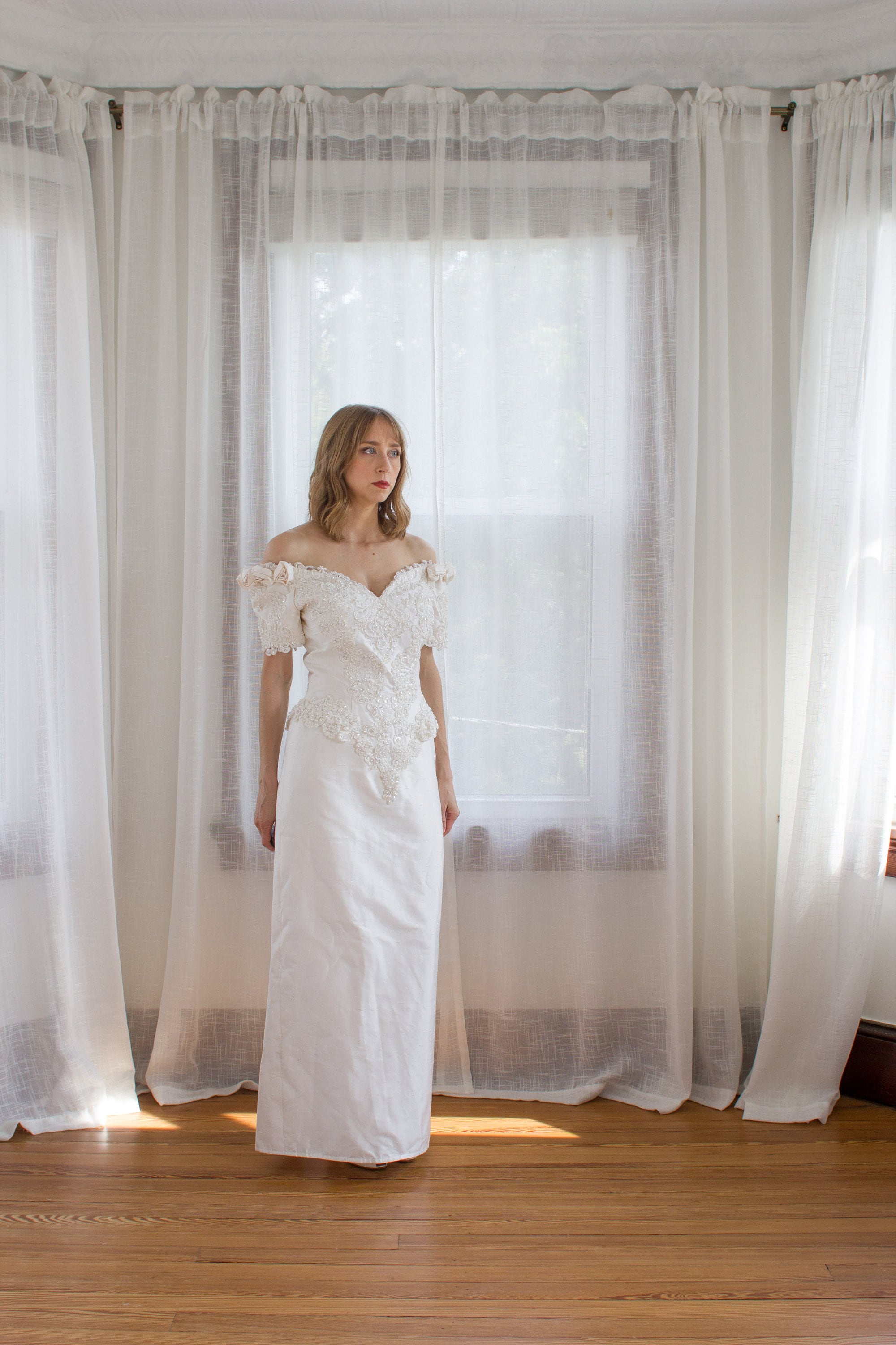 1990's pure silk off-the-shoulder wedding gown / detachable train / pencil skirt / beaded / size XS Small 1990's pure silk off-the-shoulder wedding gown / detachable train / pencil skirt / beaded / size XS Small