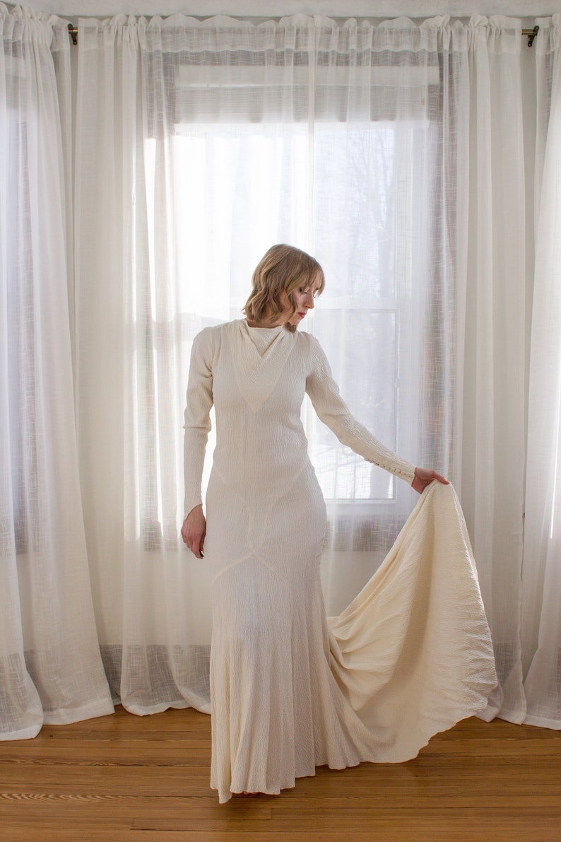 1930's art deco bias cut wedding dress / long sleeves / antique gown / textured silk / size XS image 3