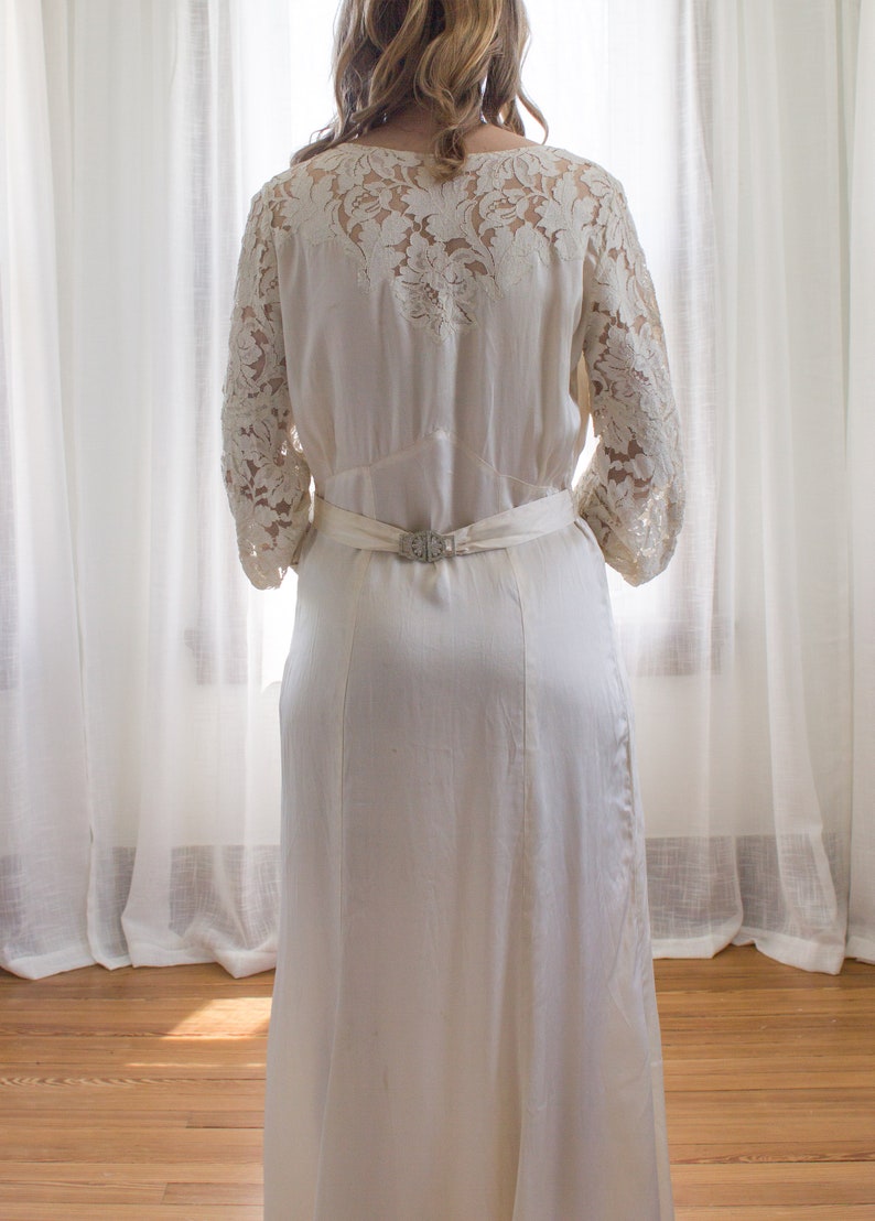 1930's silk art deco wedding dress / size medium / lace / long sleeves / antique gown image 7