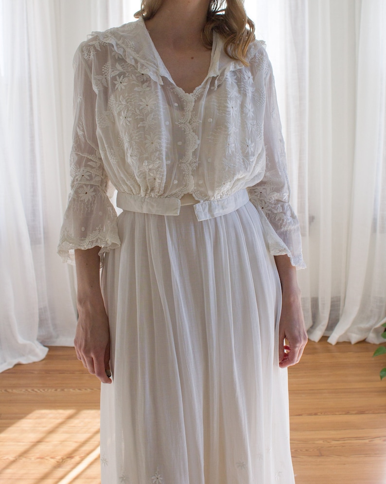 1910's Edwardian tea dress / blouse and skirt / cotton / wedding dress / size XS image 2