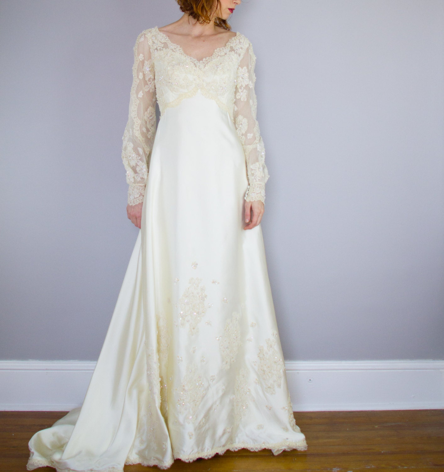 Priscilla of Boston wedding gown / 1970's / poet sleeves / Etsy