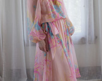 1970's floral chiffon balloon sleeve dress / off-the-shoulder / size M/L