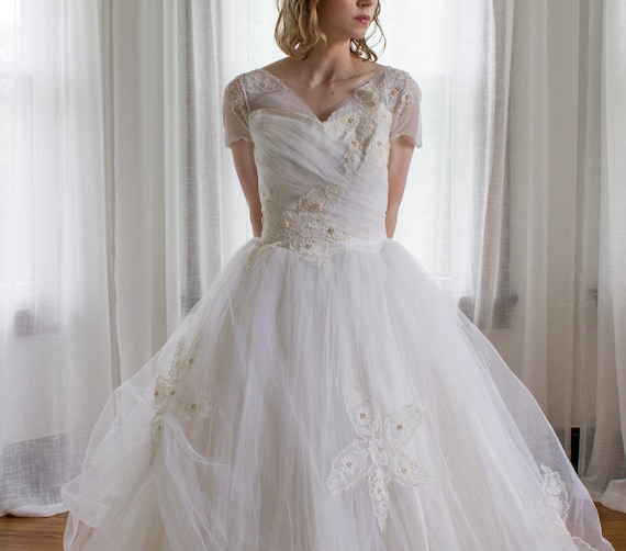 Rare 1950's Saks Fifth Ave Wedding Dress / Pleated Tulle
