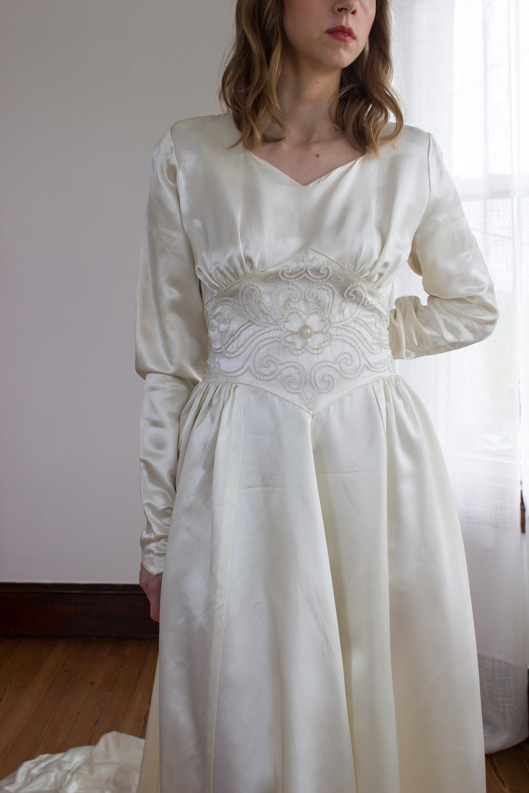 1940's Beaded Satin Wedding Dress / Long Sleeves / Size Small - Etsy