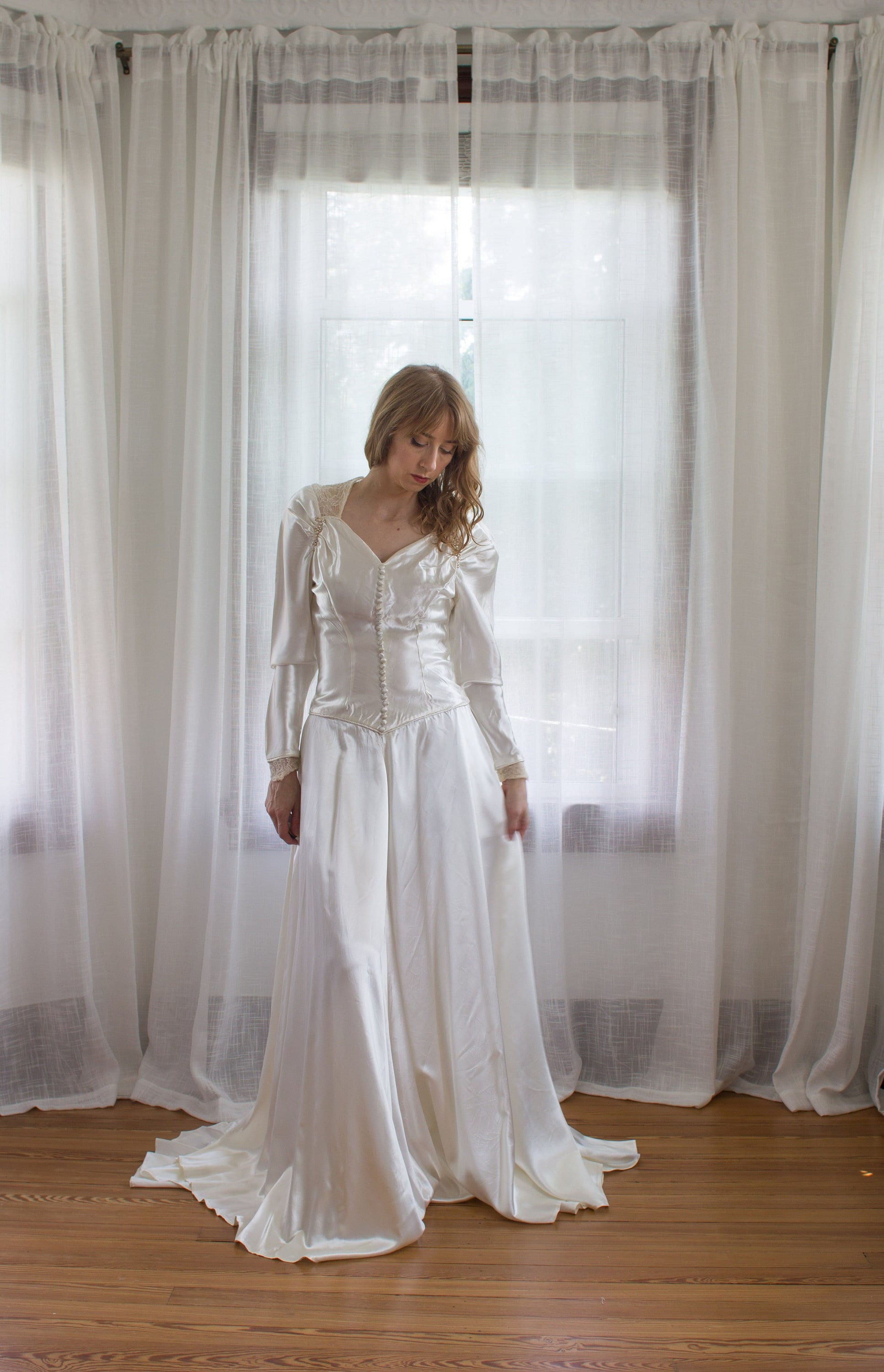 1940's Satin Wedding Dress / Pearlized Beads / Lace Back / Long