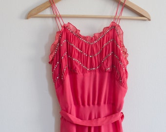 1930's Bias Cut Chiffon Evening Gown / Art Deco / Magenta / Coral / XXS
