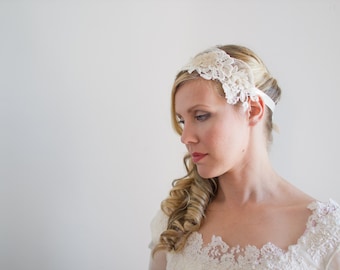 Handmade 1920's style Bridal headband / antique lace / vintage lace / satin ribbon / Swarovski crystals