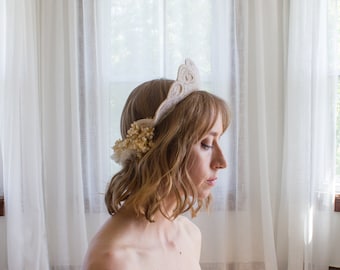 1930's beaded bridal headpiece with wax flowers / scalloped / Art Deco / crown