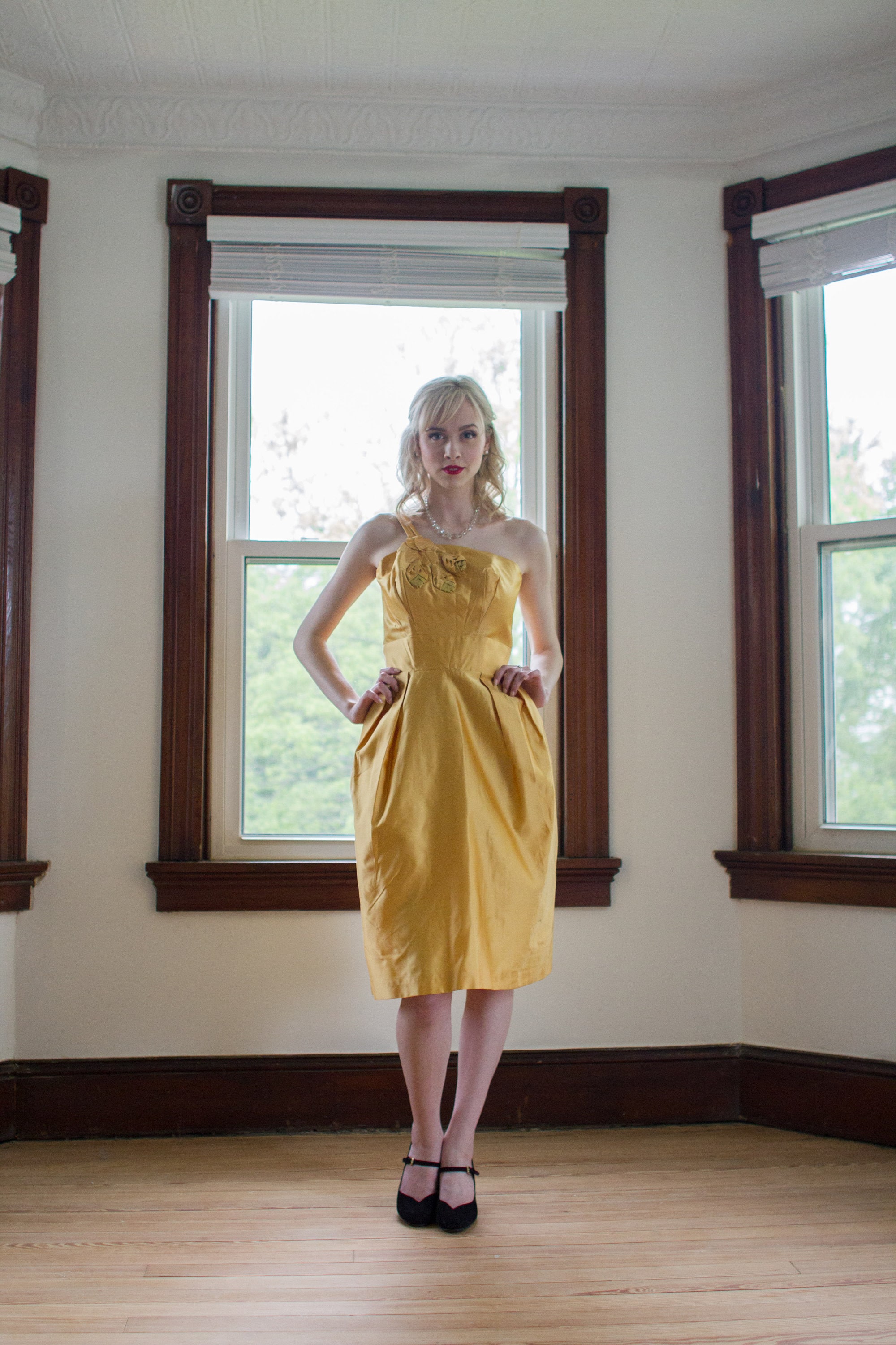 Late 1950's Mustard Yellow Cocktail Dress / New Old Stock