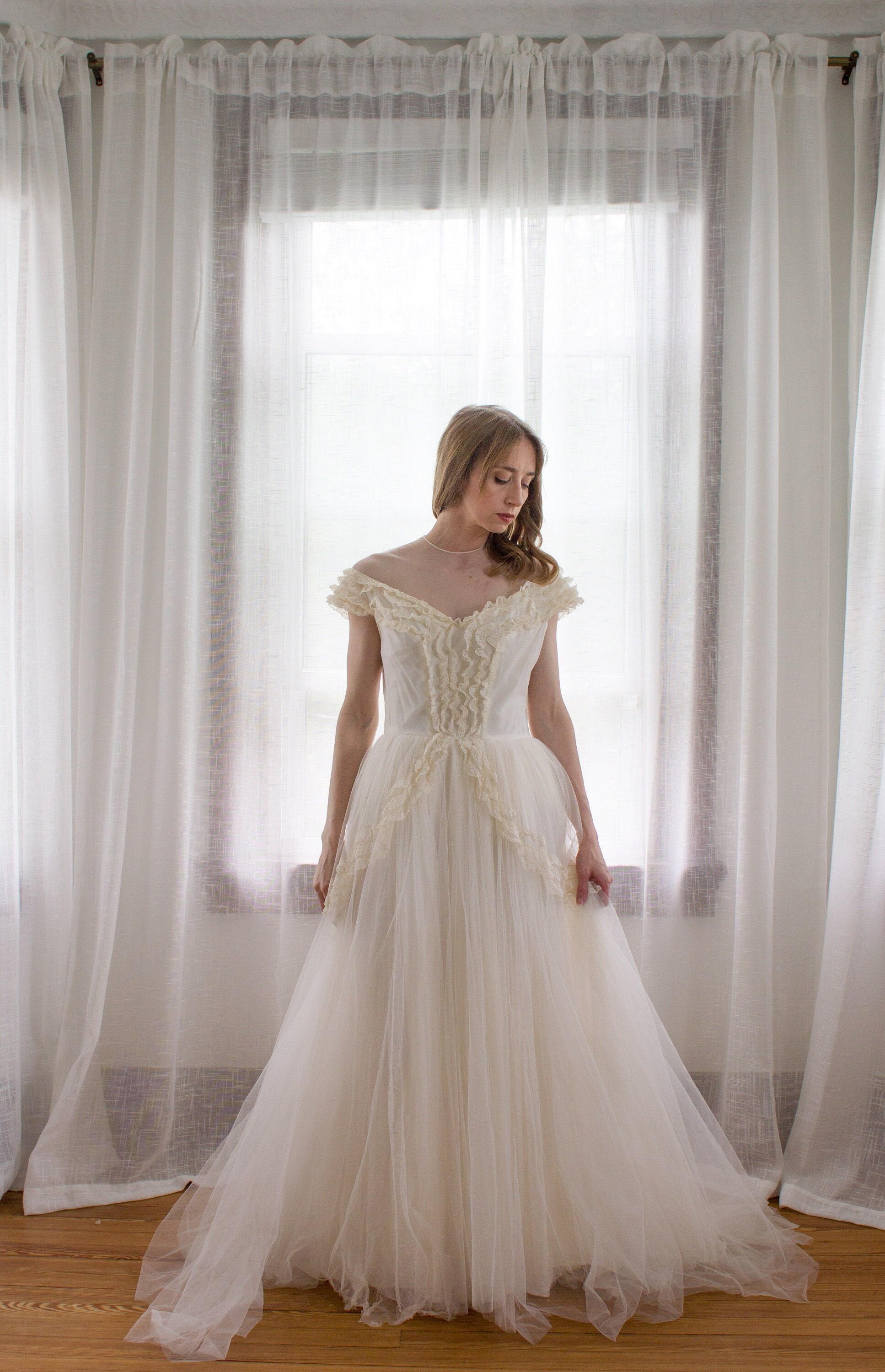 1940's Tulle and Ruffle Lace Wedding Dress / Illusion Neckline