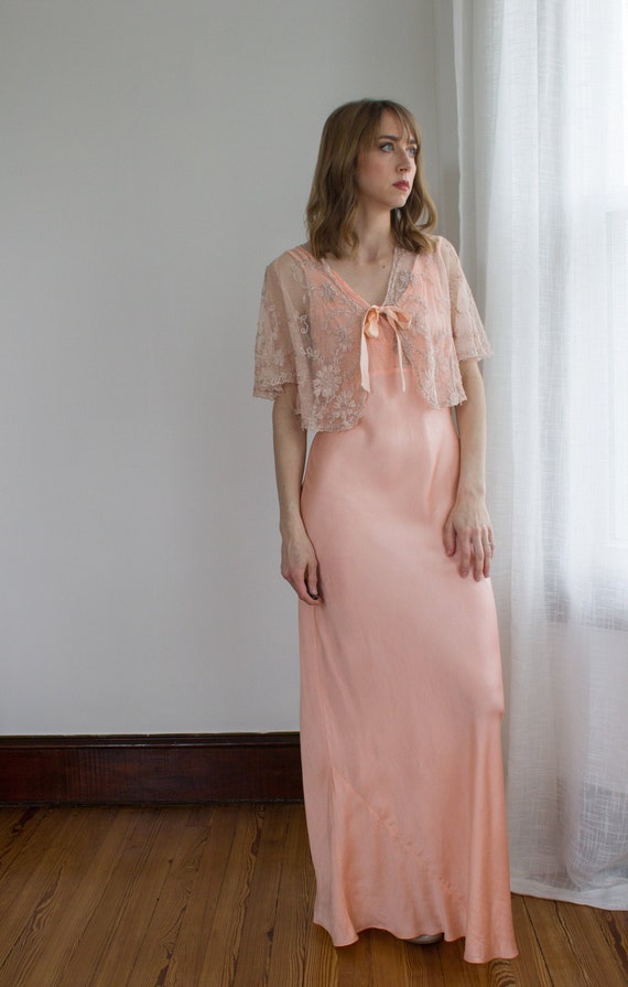 1930's silk satin night gown with tambour lace bed