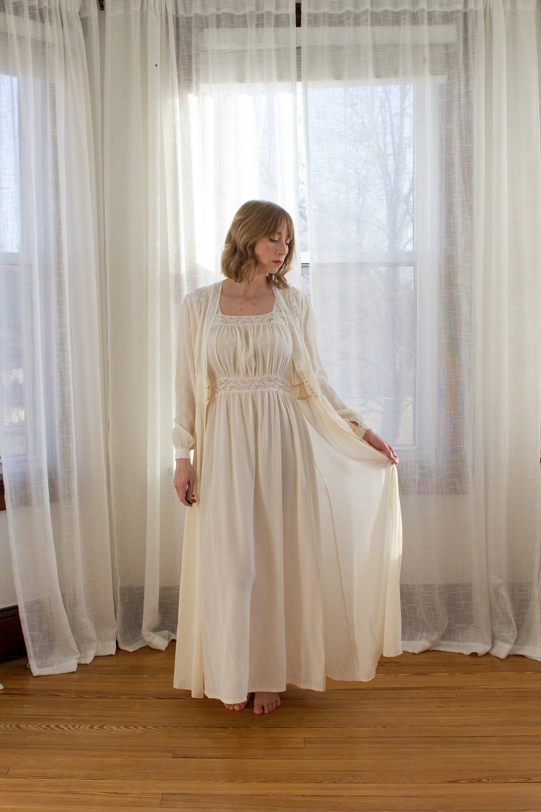 1930's Ivory Silk Chiffon Peignoir Set With Inset Lace / Size XS / Art ...