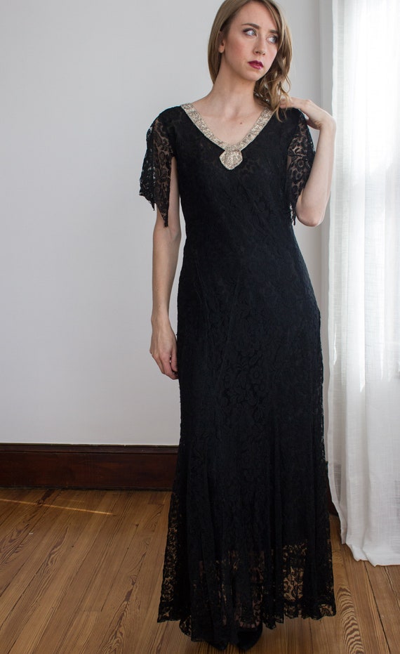 1920's black lace evening gown with art deco rhinesto… - Gem