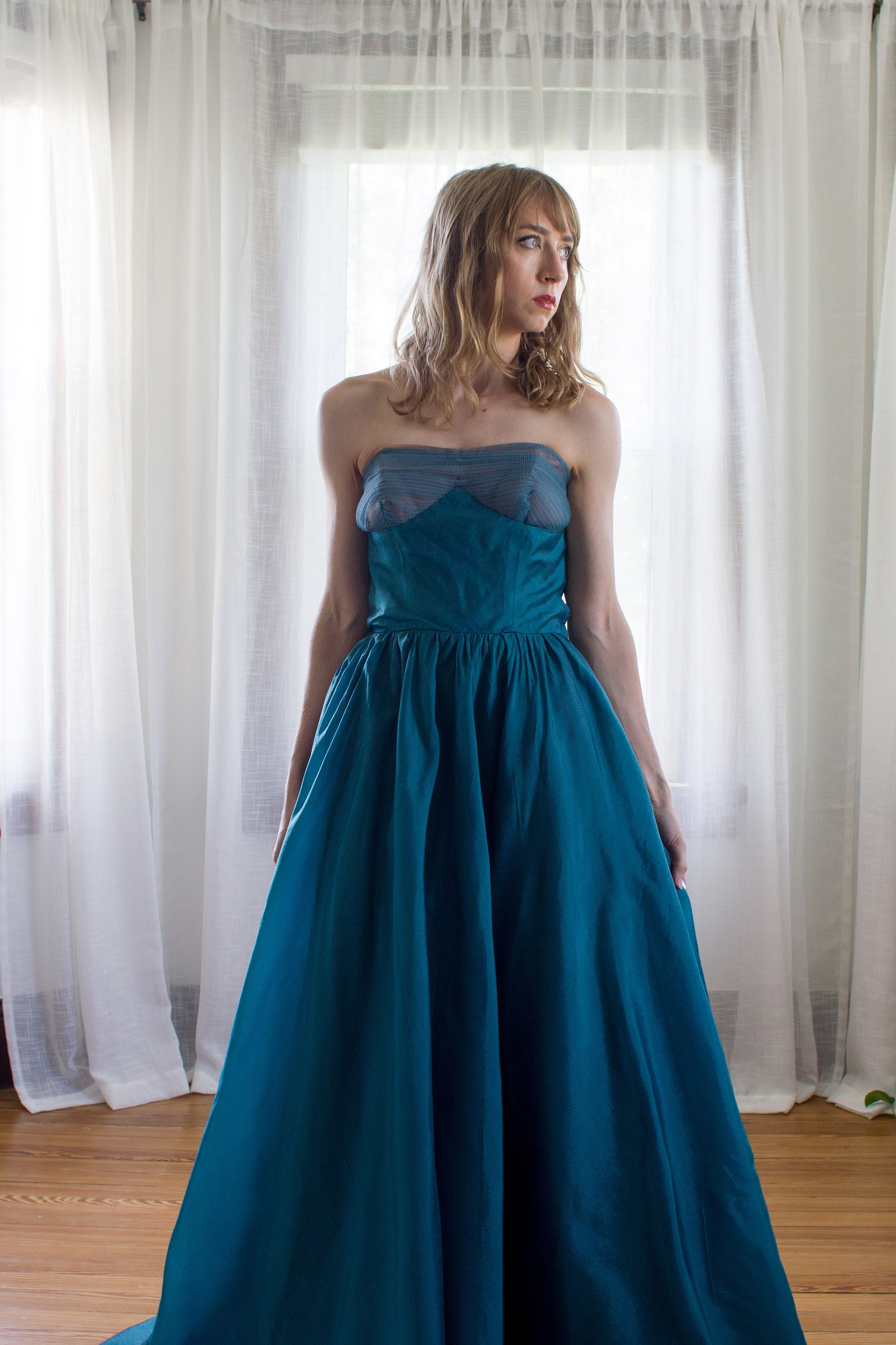 1950's peacock blue silk formal gown / dress / prom dress / Off the shoulder / strapless / size Small 1950's peacock blue silk formal gown / dress / prom dress / Off the shoulder / strapless / size Small