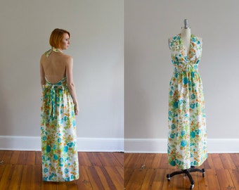 1970's Floral Halter Maxi Dress/ Low Back / Size S/M