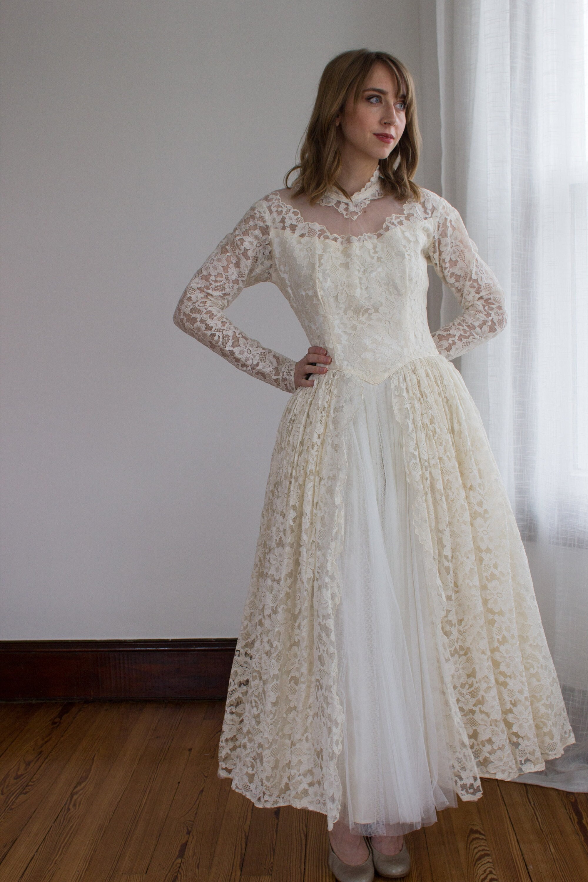 chinese dress ladies Long Sleeve Lace Silver Tea Length Mother of The Bride Dress US2 / Silver main image 1