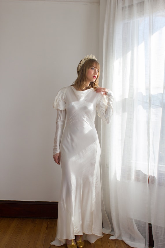 1930's Satin Art Deco Wedding Gown / mutton sleeve