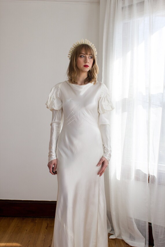 1930's Satin Art Deco Wedding Gown / mutton sleeve