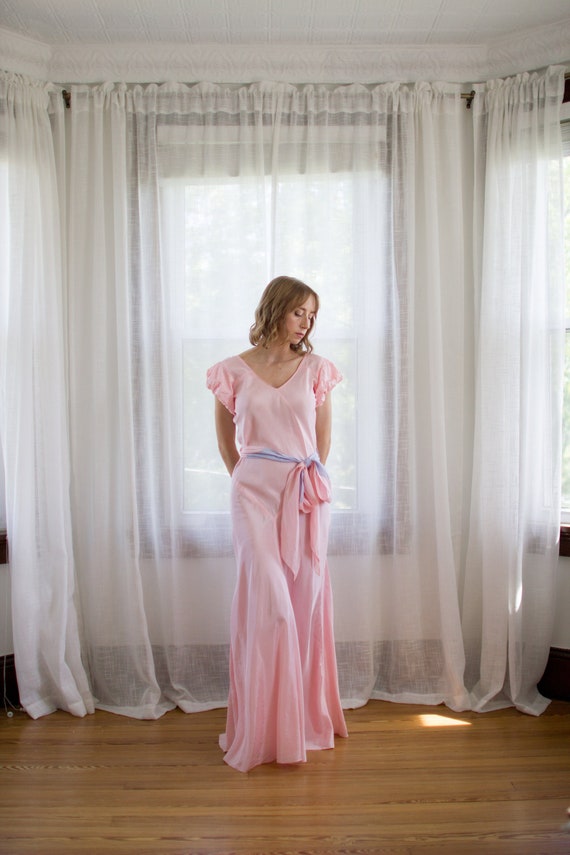 pink bias cut dress 1930's Bias Cut Pink Taffeta Evening Gown / Full Length Dress / Periwinkle  / Puffed Sleeves / Size XS Small / Art Deco