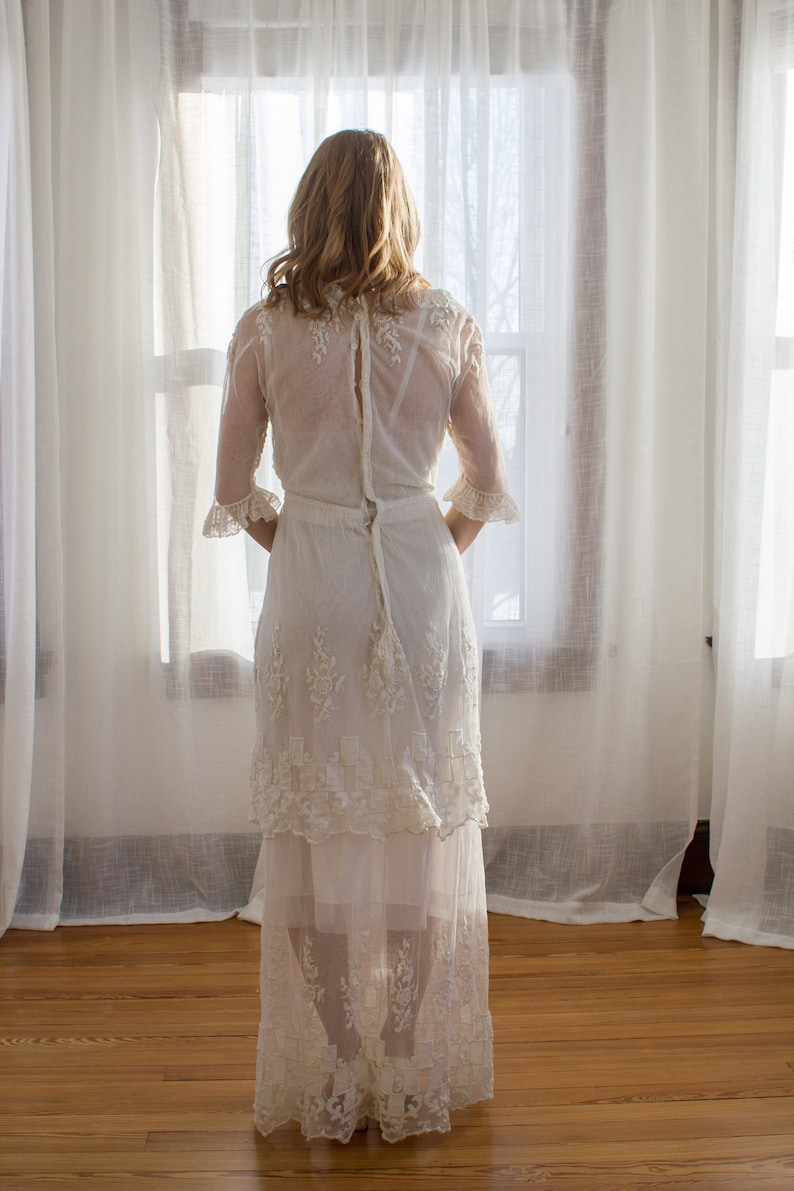Edwardian tambour net lace dress / wedding gown / tea / lawn dress / size XS image 4