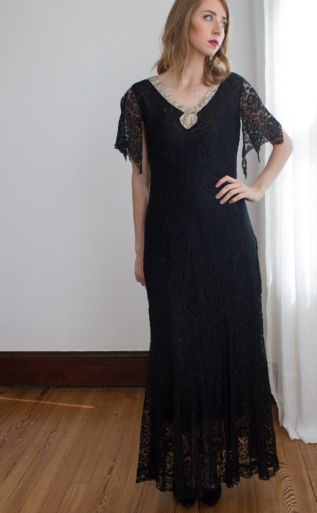 1920's Black Lace Evening Gown With Art Deco Rhinestone - Etsy