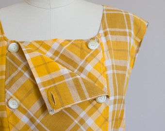 1960's style Mustard Yellow Plaid Dress / Wrap Front / Size S/M