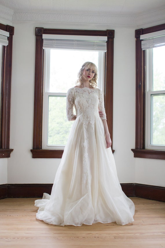 Vintage 1950 S Chantilly Lace Wedding Dress With 3 4 Etsy