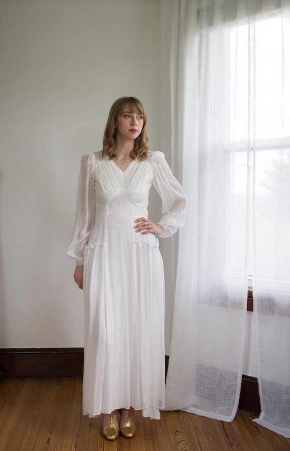 1930's chiffon bishop sleeve wedding gown / dress / s… - Gem