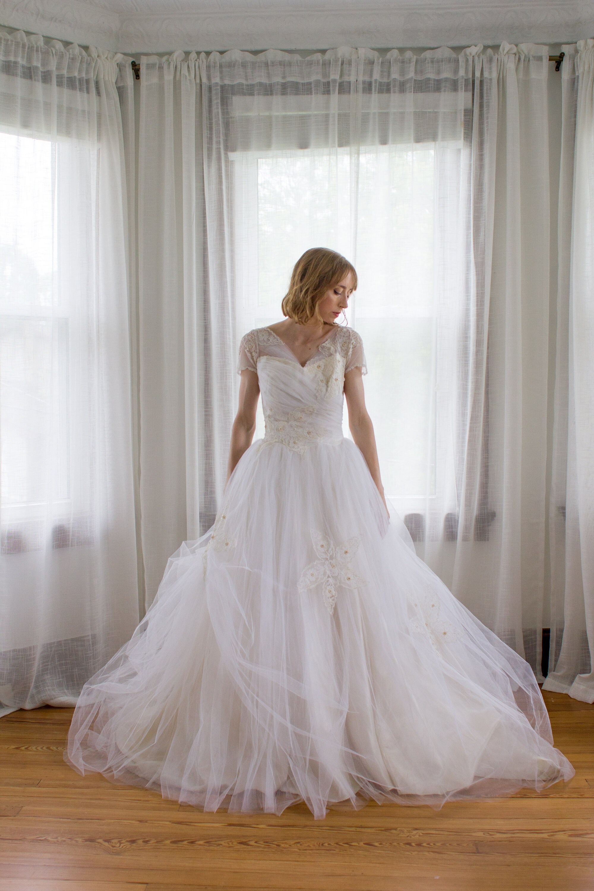 Rare 1950's Saks Fifth Ave Wedding Dress / Pleated Tulle