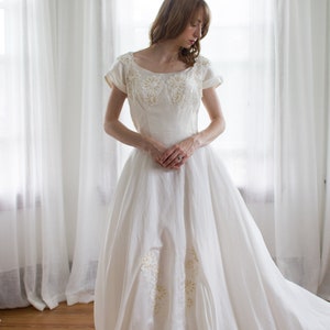 1950's Silk 3D Floral Embroidered Wedding Dress / Bubble Hem / Covered ...