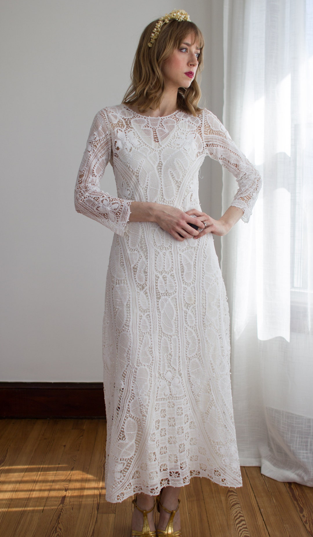 RARE Early 1920's Battenberg Lace Wedding Dress / Silk Slip / Size XS - Etsy