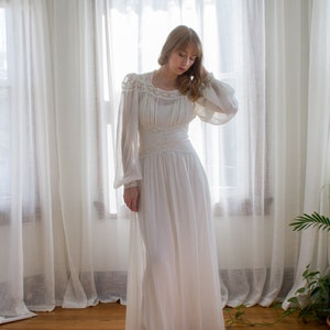 1930's sheer chiffon balloon sleeve wedding dress / bishop sleeve / lace / covered button / art deco / size XS image 5