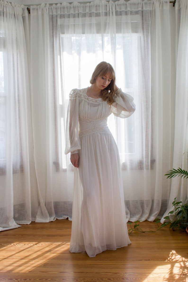 1930's sheer chiffon balloon sleeve wedding dress / bishop sleeve / lace / covered button / art deco / size XS image 5