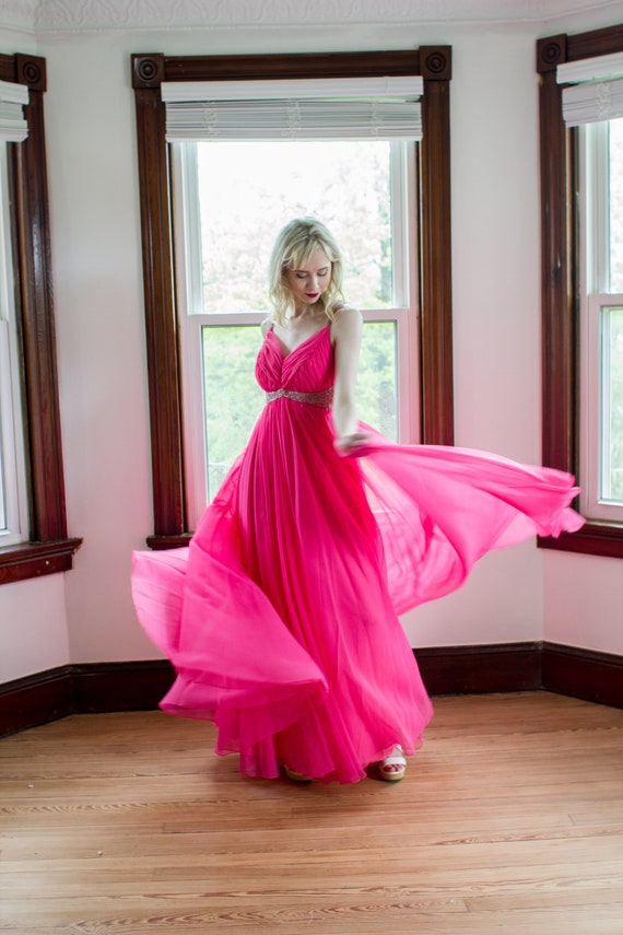 1970's vivid neon pink beaded chiffon formal gown 