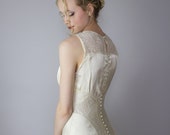1930's Art Deco Wedding Gown / satin / lace / cathedral train / size XS long