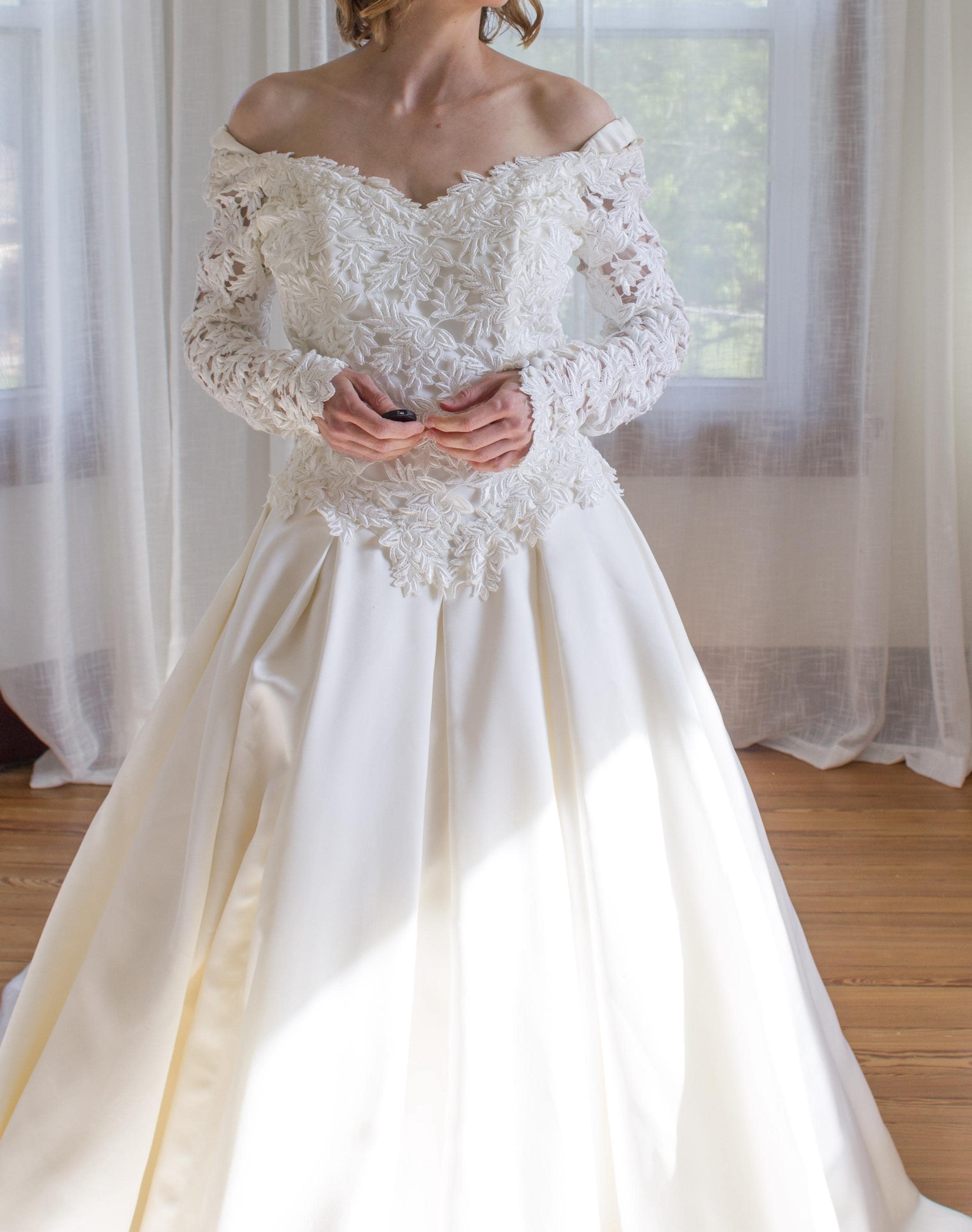 1990's off-the-shoulder wedding gown with lace long sleeves / basque waist / built-in crinoline / covered buttons / chapel length train / XS 1990's off-the-shoulder wedding gown with lace long sleeves / basque waist / built-in crinoline / covered buttons / chapel length train / XS