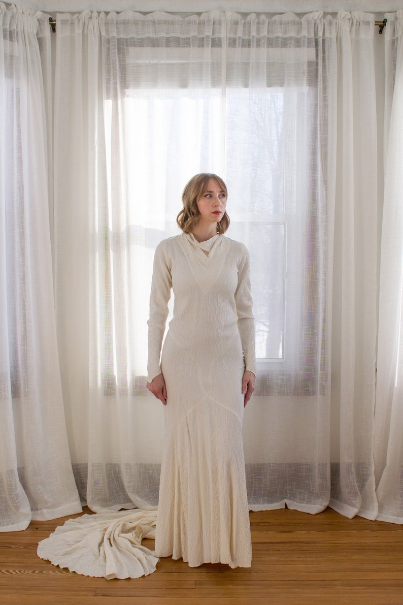 1930's art deco bias cut wedding dress / long sleeves / antique gown / textured silk / size XS image 2