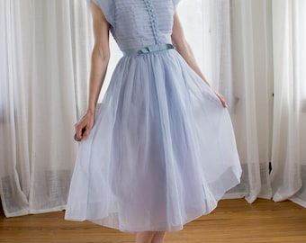 1950's blue dress with peter pan collar / covered buttons / flutter sleeves / XS
