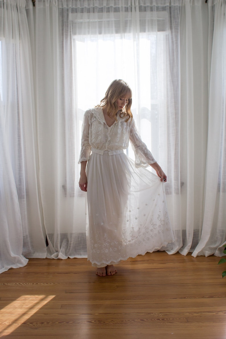 1910's Edwardian tea dress / blouse and skirt / cotton / wedding dress / size XS image 1