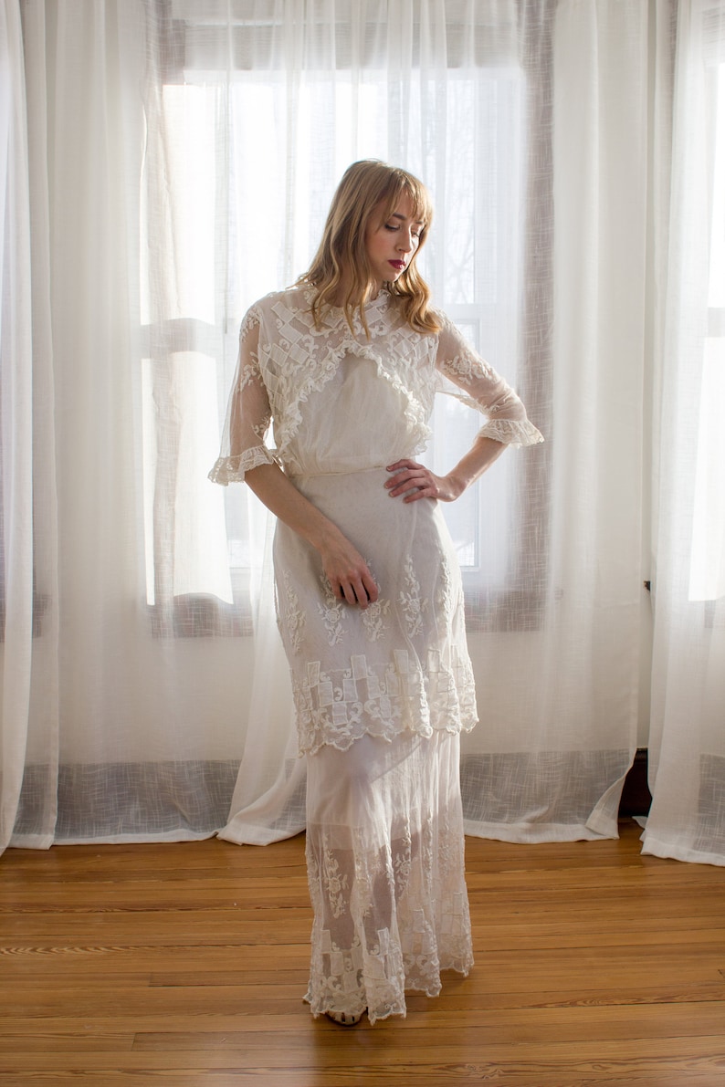 Edwardian tambour net lace dress / wedding gown / tea / lawn dress / size XS image 2