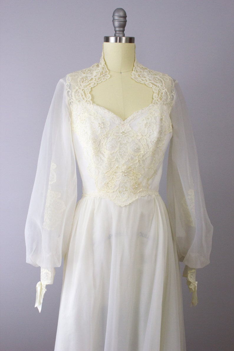 1970's Lace and Chiffon Wedding Gown / Bishop Sleeves / - Etsy