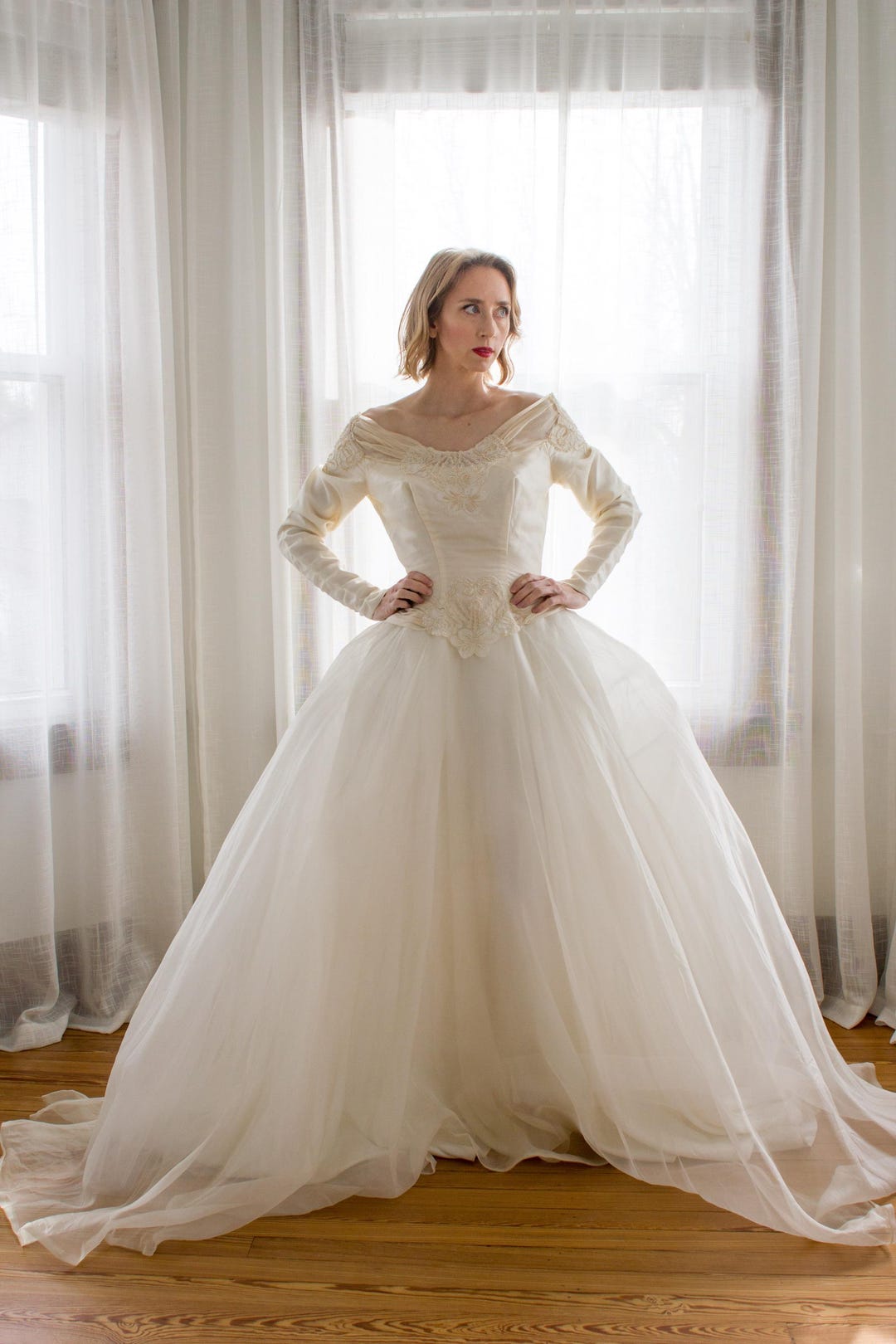 1950's Silk Chiffon Designer Wedding Dress Pandora Beaded Lace