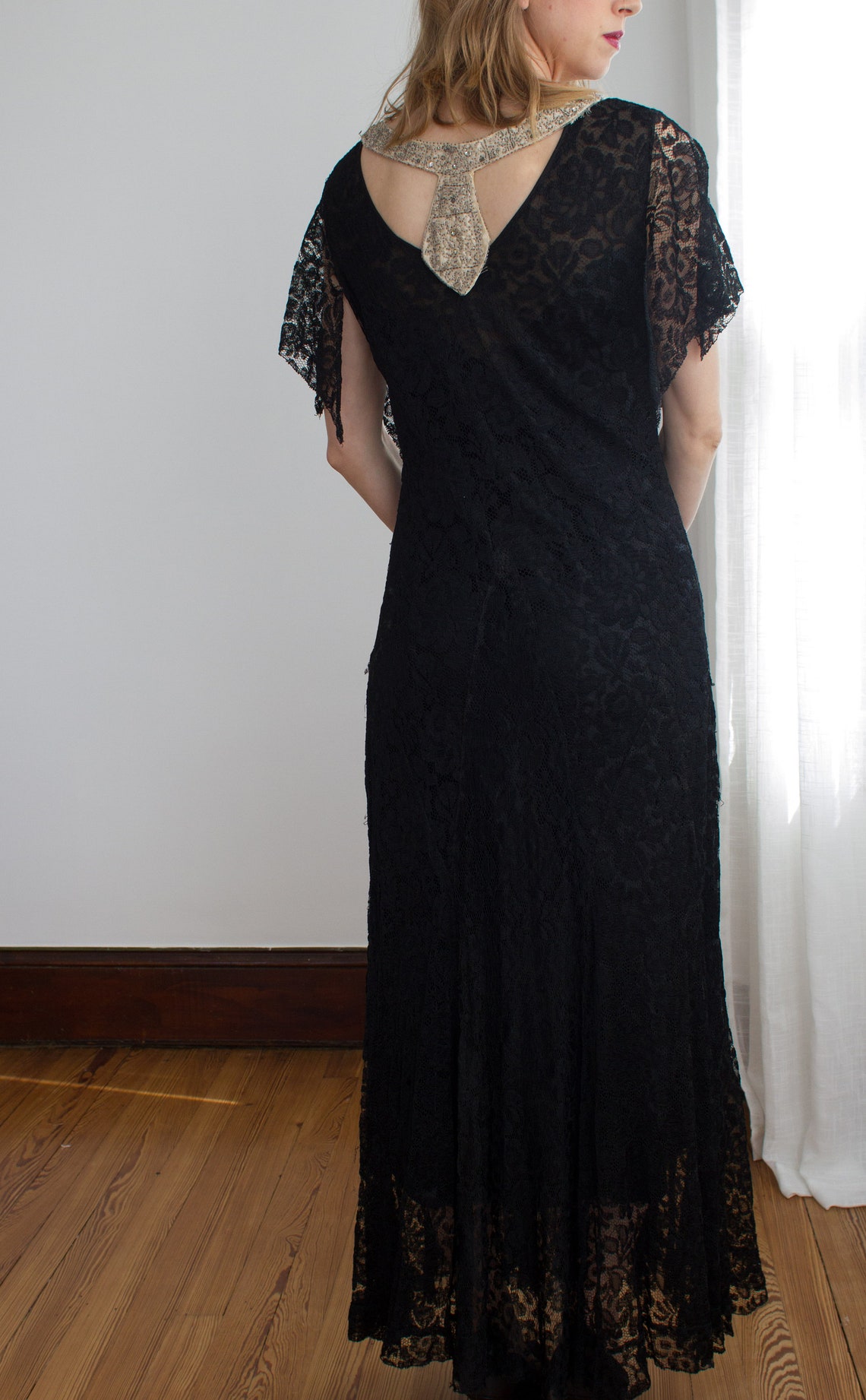 1920's Black Lace Evening Gown With Art Deco Rhinestone and Beaded ...