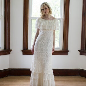 Vintage 1970&#39;s  boho lace wedding dress / off the shoulder / bohemian / size XS