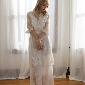 Edwardian tambour net lace dress / wedding gown / tea / lawn dress / size XS image 1
