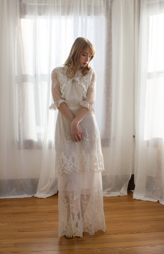 Edwardian tambour net lace dress / wedding gown  … - image 1